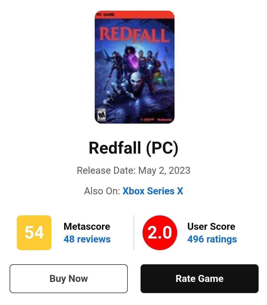 PeterOvo on X: Redfall releases on Xbox and PC on Tuesday, Metacritic  scores drop next-week. My Prediction: 80+ What is your metacritic  prediction for Redfall?  / X