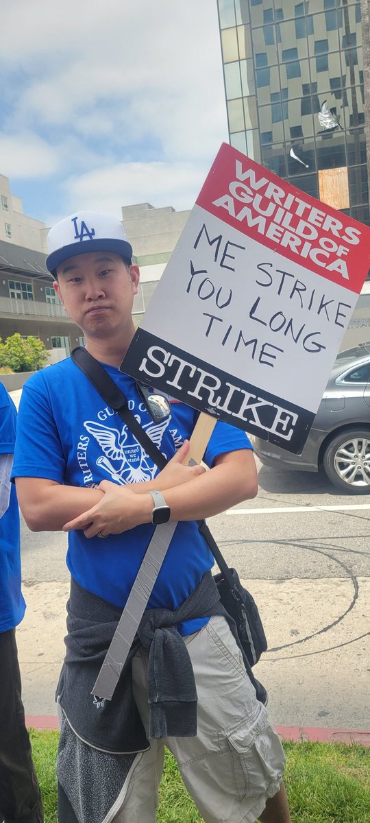 aaron_ho's tweet photo. Me so angry! Me strike you long time! #WGAStrong #WGAStrike #NewDayNewSign #aapiwriters https://t.co/1GCackhsKd