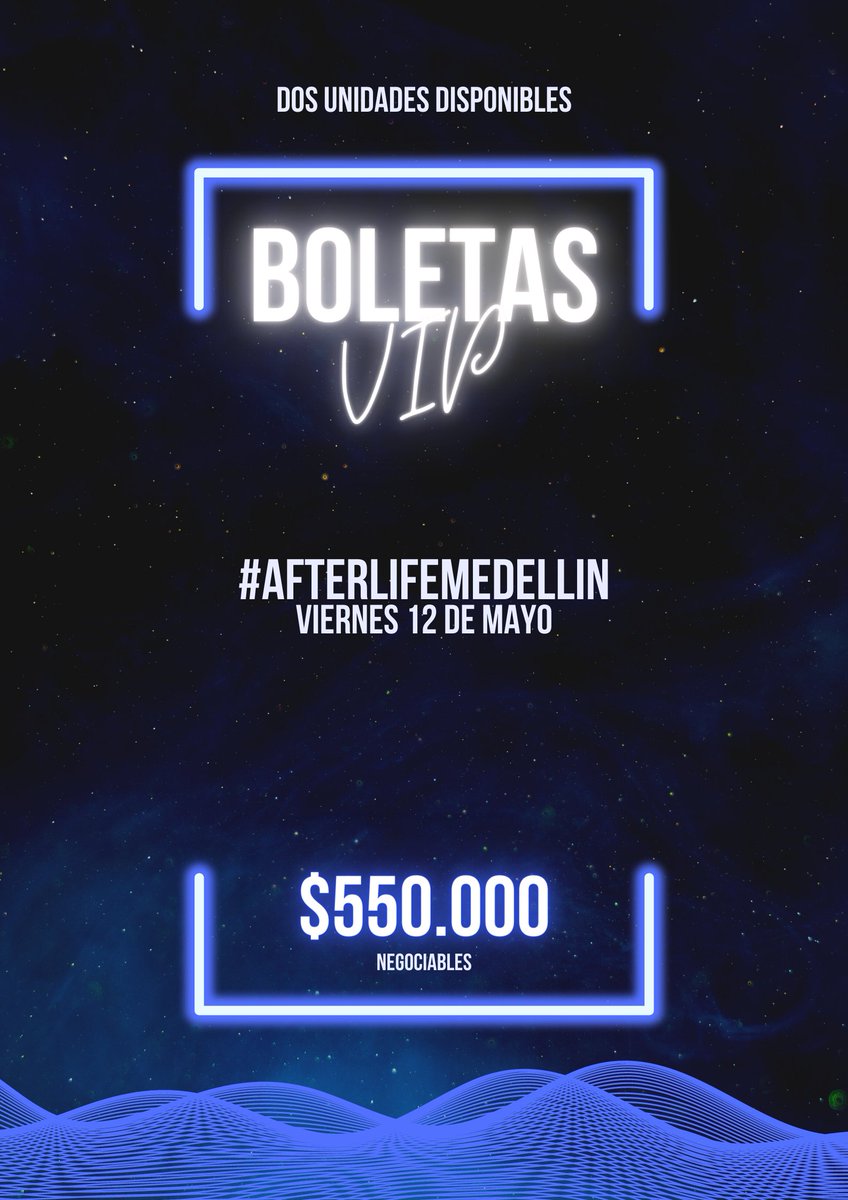 A la venta 2 Boletas VIP para el Viernes 12 de mayo : $1.050.000 ambas. Se entregan físicas. Escríbeme al 3054630219 #afterlifemedellin #afterlife #MedellinBoletas #AfterlifeMedellín