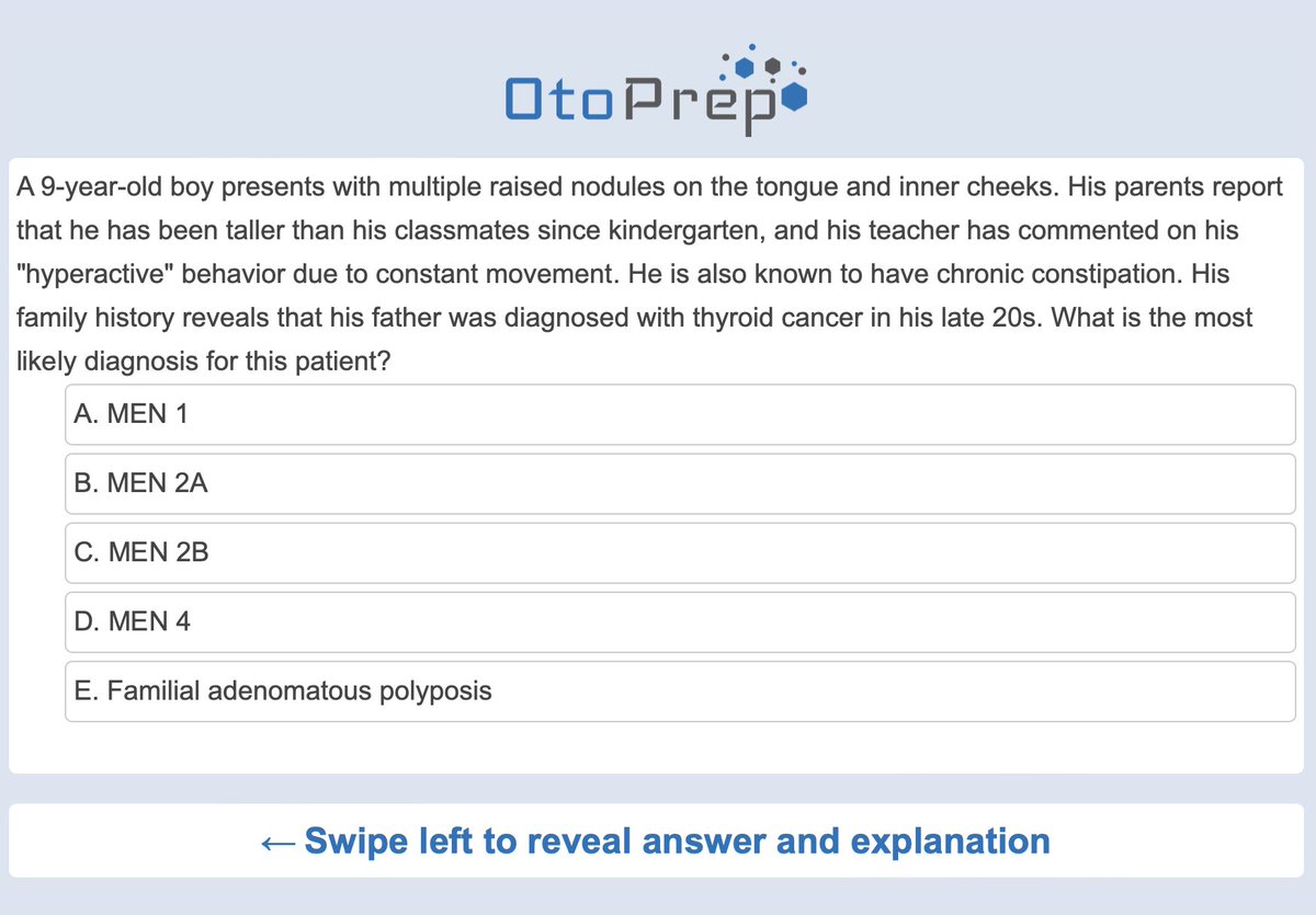 OtoPrep's tweet photo. 🧬 Test yourself on this Genetics question! Tall 9-year-old, nodules in his mouth, dad had thyroid cancer. What's the diagnosis? Reply with your thoughts! Answer reveal tomorrow. #ENTExam #ENTMCQs #Otolaryngology #ABOHNS #EBEORLHNS #FRCSORLHNS #OtoPrep #MedTwitter #ENTResident https://t.co/8bcV4uCsNK