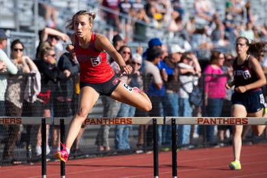 DoverTF's tweet photo. From GameTime PA:

Dover's Gemma Galligani competes in the 300-meter hurdles during the YAIAA Track and Field Championships at Central York High School on May 10, 2023. Galligani won silver with a time of 45.11. https://t.co/GP5NsEQhnF