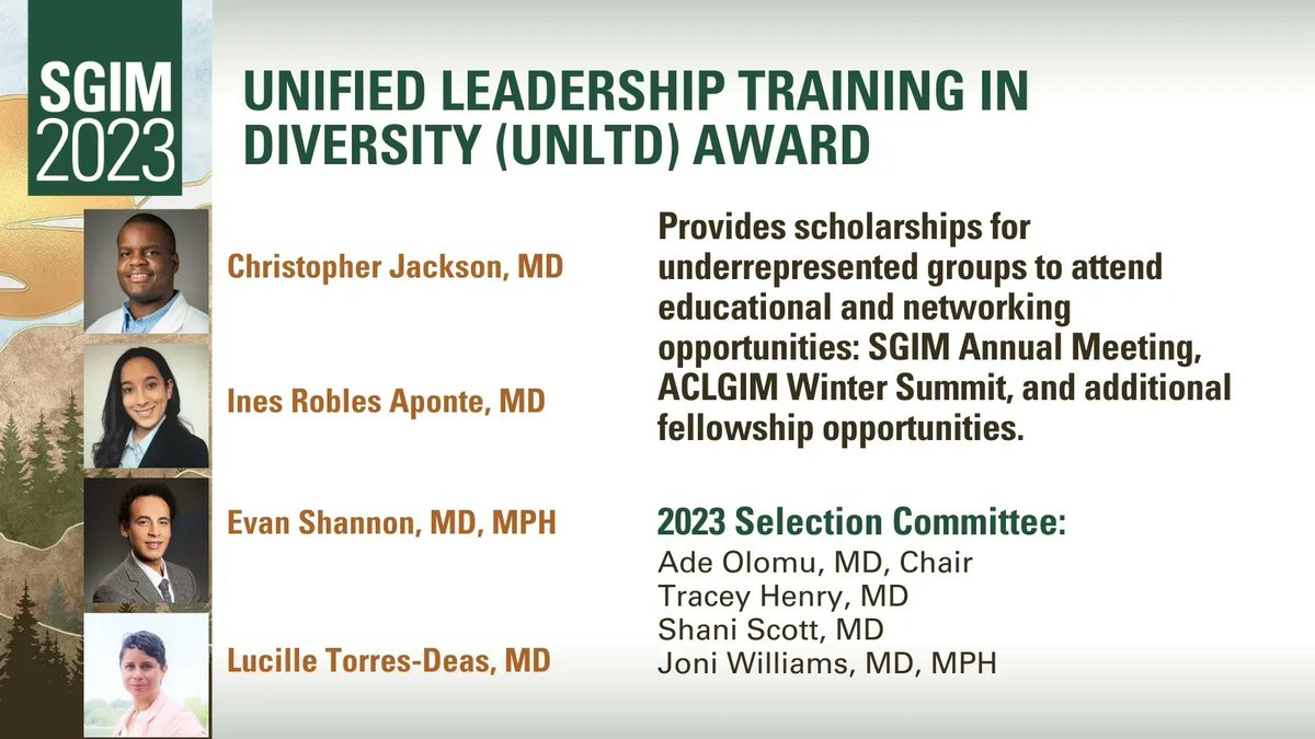 Please join us in congratulating Christopher Jackson, MD; Ines Robles Aponte, MD; Evan Shannon, MD; & Lucille Torres-Deas, MD, recipients of this year's ACLGIM Unified Leadership Training in Diversity Award (UNLTD)! @ChrisDJacksonMD @InesRA177 @EMShan_MD @LuTorresDeasMD