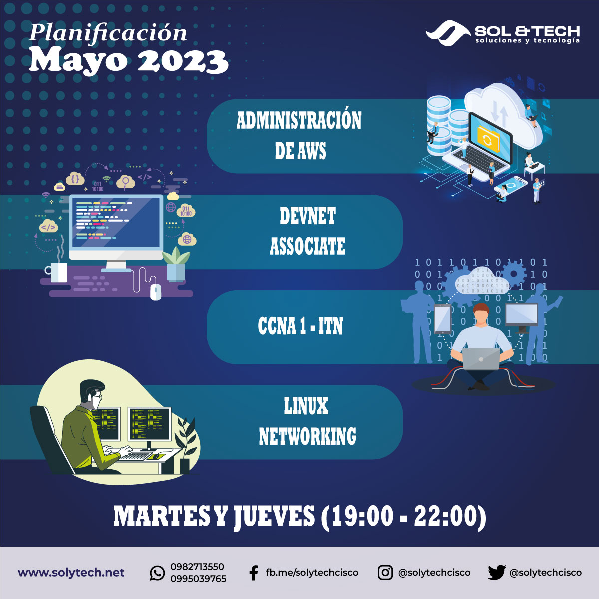 SolytechCisco's tweet image. Horario: Martes y Jueves 19:00-22:00
🗓Iniciamos: Martes 30 de mayo
Contamos con cupos disponibles, Regístrate y aprovecha 2x1
Tenemos los siguientes cursos: 
 ☁  Administración de AWS
📱 DevNet Associate
🌐 CCNA1 - ITN
💻 Linux Networking
#curso #DevNet #CCNA1 #ITN #linux_net