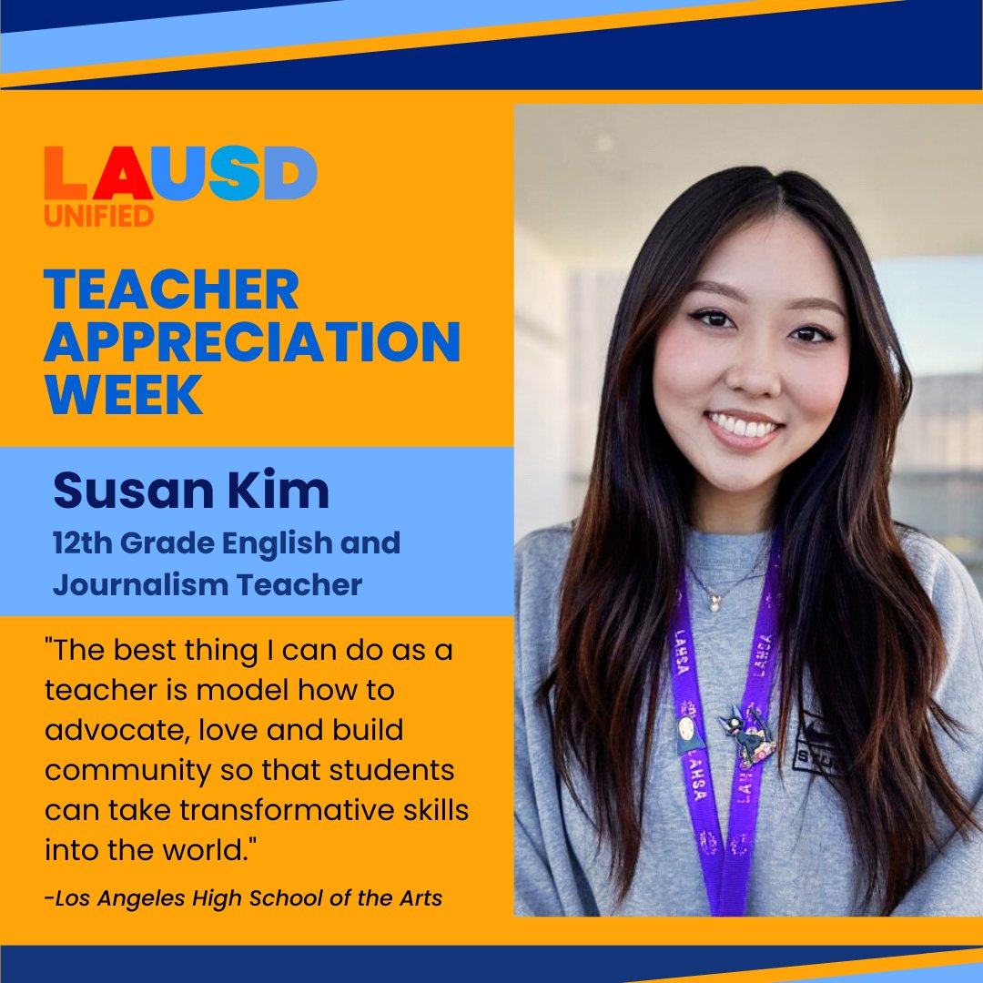 When Ms. Kim became a teacher, she wanted to create a space that implemented student voice and choice, which has allowed her students to create a safe classroom space where learning can take place for all diverse learning communities. <a href="/LAHSArts/">LAHSA</a> #TeacherAppreciationWeek