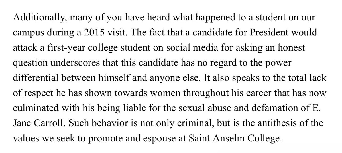 AdysnKilty's tweet photo. @HOm108 @StAnselmCrier I’ve never had any interactions with Donald Trump, but past Saint Anselm students have. Excerpt of a letter from President Favazza: https://t.co/9hTmP305aR