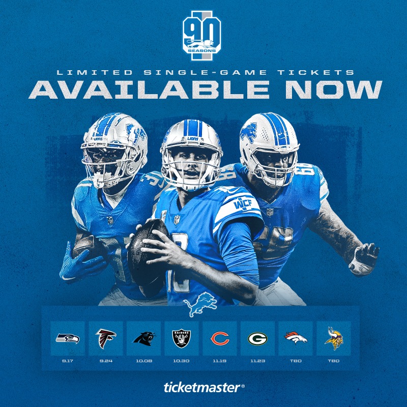 Lions's tweet photo. There's still a chance to snag some single-game @Ticketmaster tickets for the #Lions 2023 season, grab yours today!