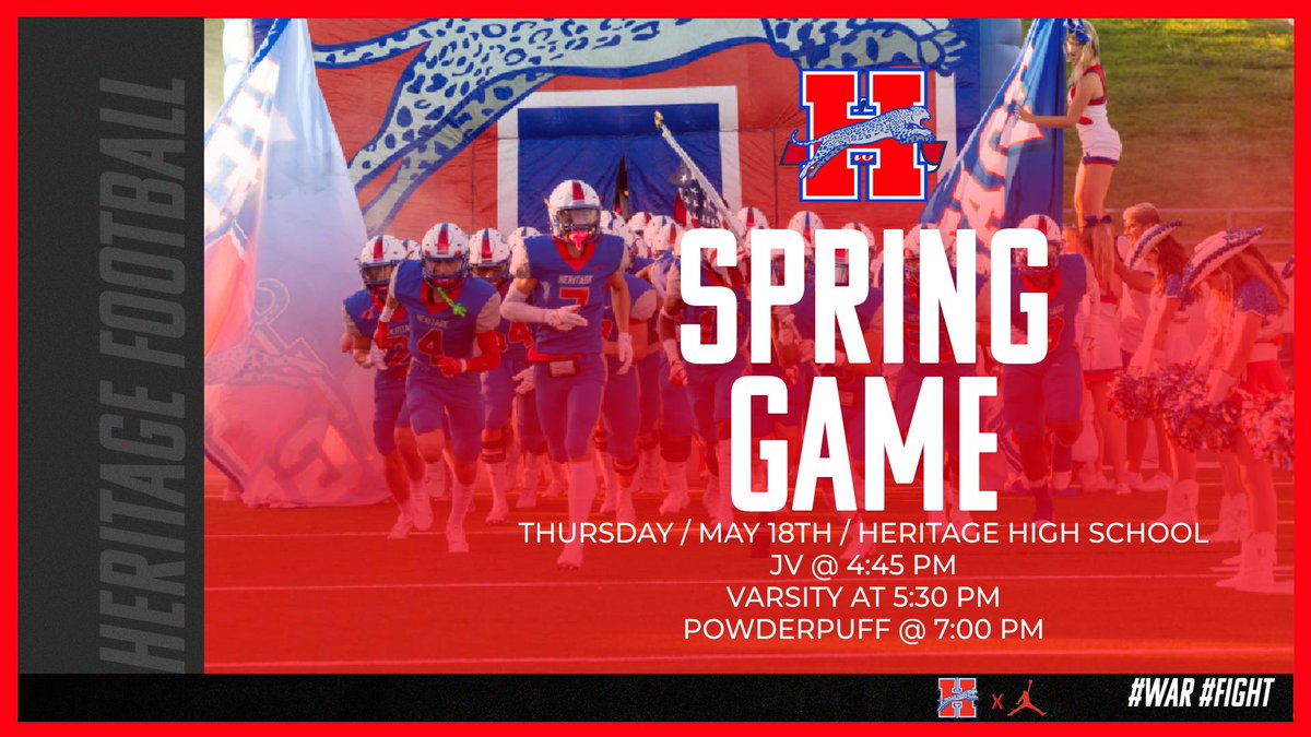 SPRING GAME NEXT WEEK! Come watch your Heritage Jaguars in the spring football game next Thursday, May 18th! The team has been working hard, so come see them put it out on the field! #WAR #FIGHT
