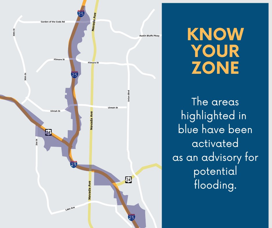 CSPDPIO's tweet photo. We are expecting even more rain across the city this evening. Several areas have been placed on flood advisory, along I-25 and Highway 24. If you are in these areas, please be prepared. Here is a link to view all the zones under advisory: https://t.co/It1XfQofiU https://t.co/BWNRPyiA2Q