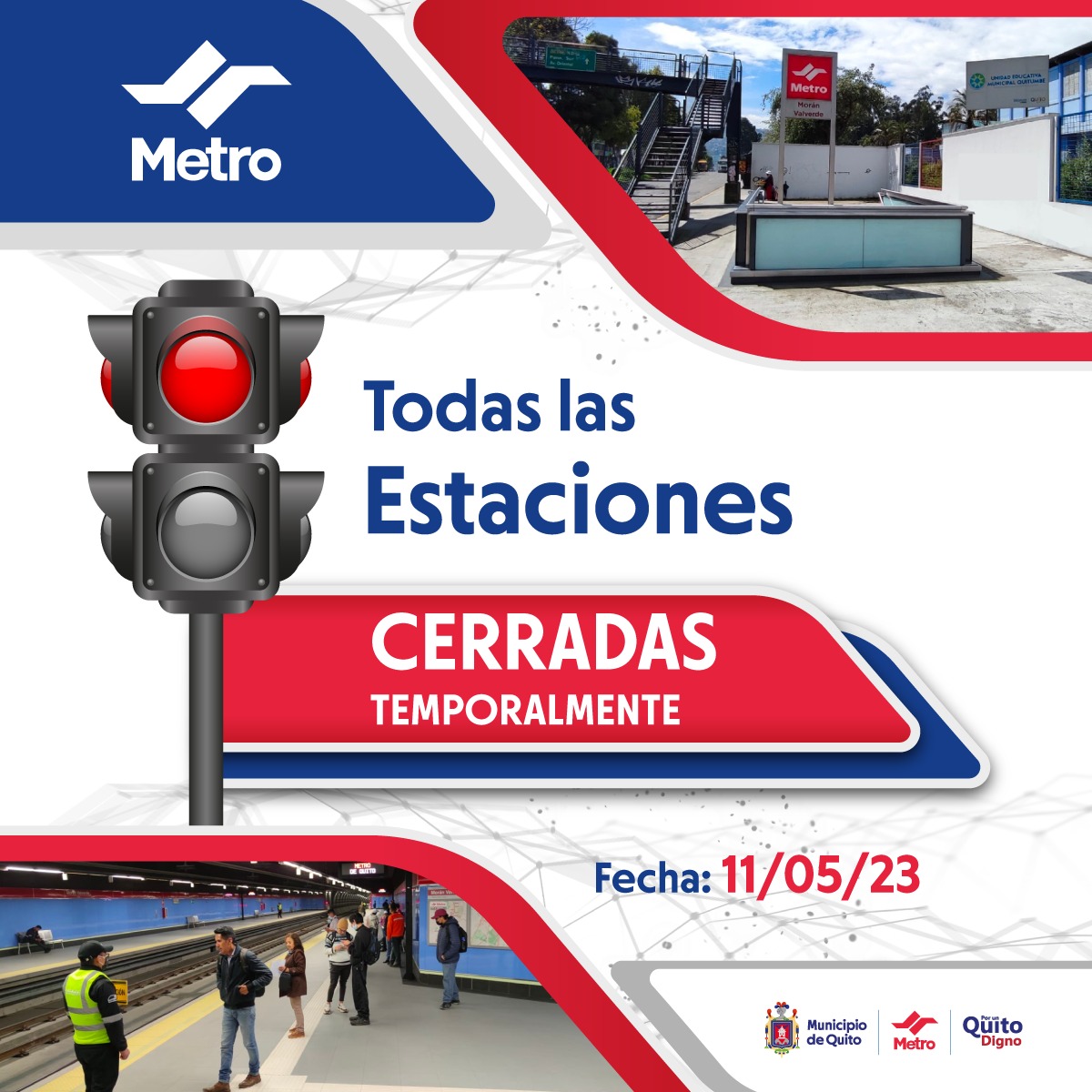 ElDatoEcua's tweet photo. #Urgente Debido a una decisión unilateral por parte de la empresa operadora EOMMT S.A.S. nuestras estaciones del #MetroDeQuito están cerradas a partir de hoy, 11 de mayo 2023.
#ElMetroInforma
@MetrodeQuito https://t.co/j0u9pK1W9I