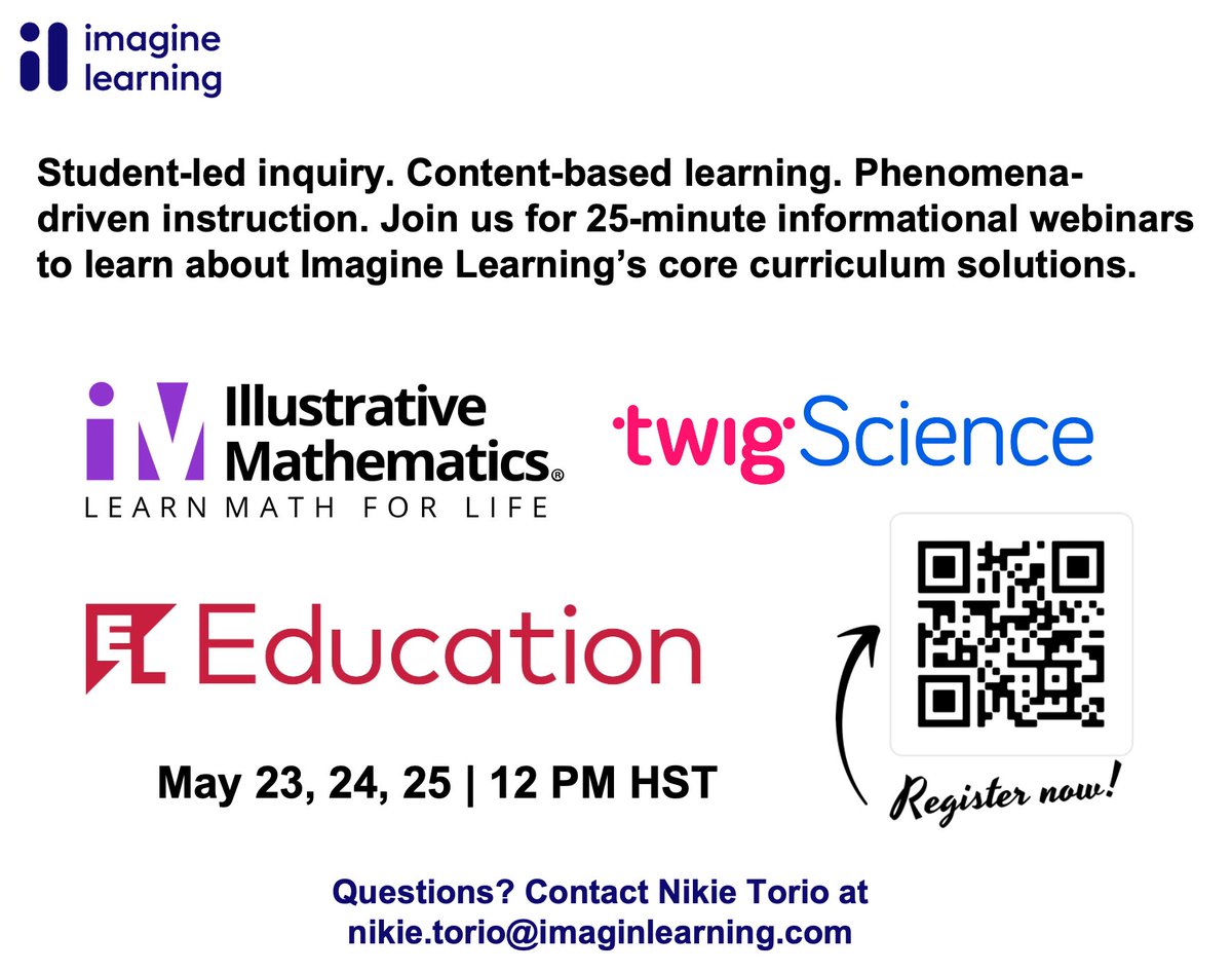 NikieTorio's tweet photo. Looking for new core curriculum? Join us and learn about Imagine Learning’s Math, ELA, and Science curricula. Register here! https://t.co/fFfmDQBbOh https://t.co/Hx5iX2KacO