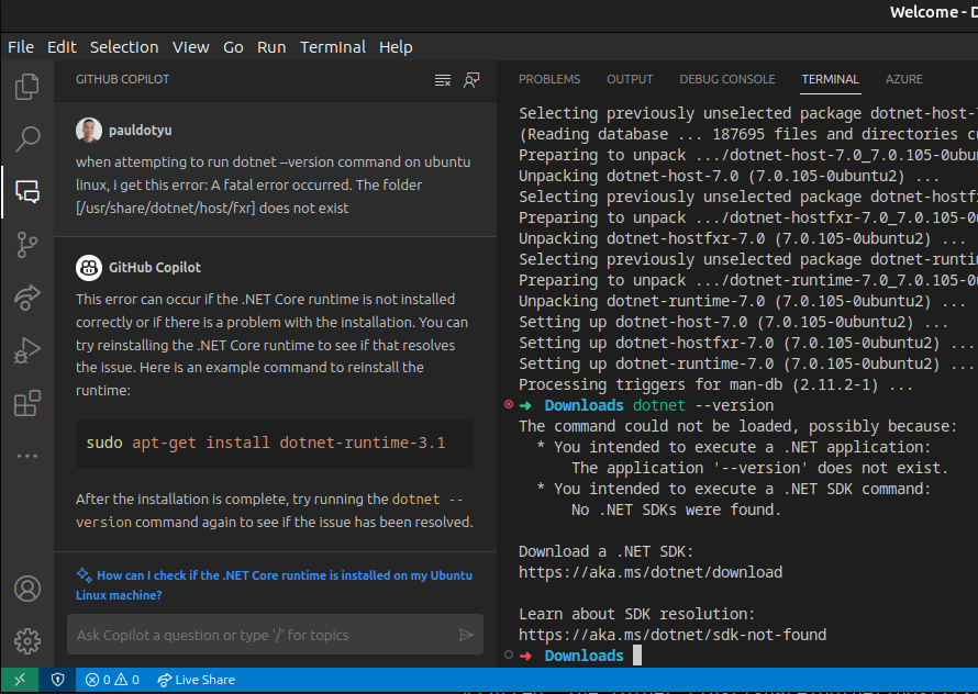pauldotyu's tweet image. Thanks @GitHub #CopilotX for helping me fix my #dotnet installation on my #linux machine 😅