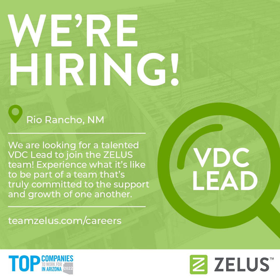 Zelus_USA's tweet photo. We're hiring! Do you live in #RioRancho and want to further your career in #BIM and #VDC? Then we want to hear from you! ZELUS is looking to hire a full-time VDC Lead in the Rio Rancho area.

Apply here: https://t.co/91FOqkAzVw https://t.co/bjCsNTbt9A