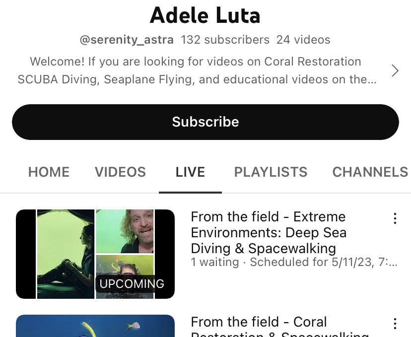 Starting in 15 minutes! Live Adele Luta- YouTube page - <a href="/ExplorersClub/">The Explorers Club</a> <a href="/drdeepsea/">Joseph Dituri, Ph.D.</a> <a href="/IfThenSheCan/">If/Then</a>