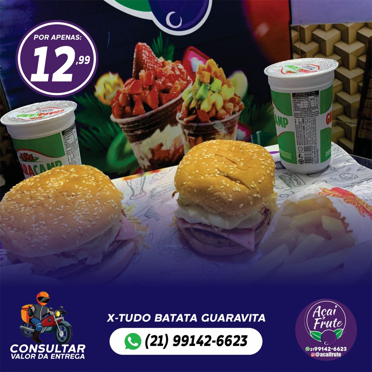 O melhor trio você a acha aqui! Batata x-tudo é Guaravita apenas 12,99 !! Rtt pra ajudar 💜🥰🍔