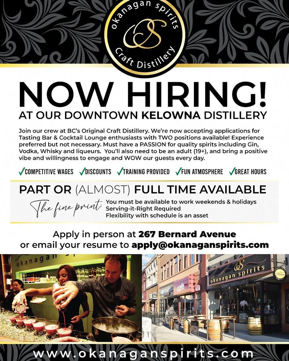NOW HIRING AT OUR DOWNTOWN KELOWNA DISTILLERY! Accepting applications for Tasting Bar & Cocktail Lounge enthusiasts with 2 positions available! Experience preferred. Must have a PASSION for quality spirits including Gin, Vodka, Whisky & liqueurs. apply@okanaganspirits.com