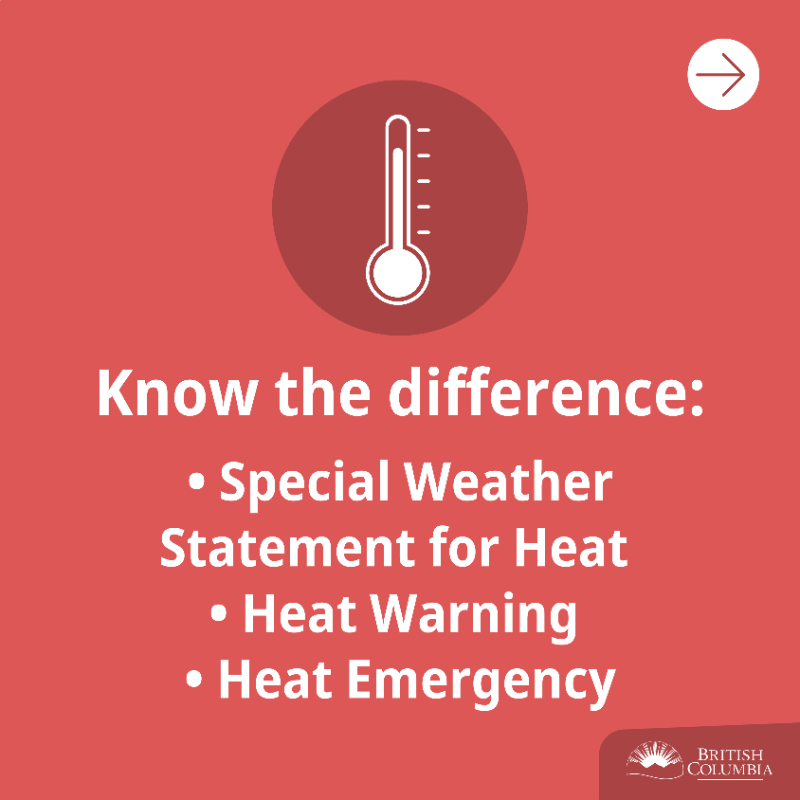 BCGovNews's tweet photo. With higher than usual temperatures expected in many parts of BC, it is important to take precautions. Learn the difference between a special weather statement for heat, a heat warning and an extreme heat emergency to keep yourself and loved ones safe. https://t.co/vuyPQkvCUa