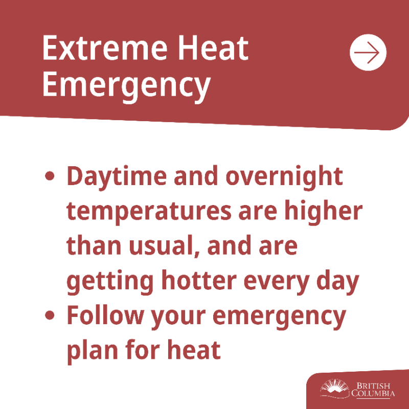 BCGovNews's tweet photo. With higher than usual temperatures expected in many parts of BC, it is important to take precautions. Learn the difference between a special weather statement for heat, a heat warning and an extreme heat emergency to keep yourself and loved ones safe. https://t.co/vuyPQkvCUa
