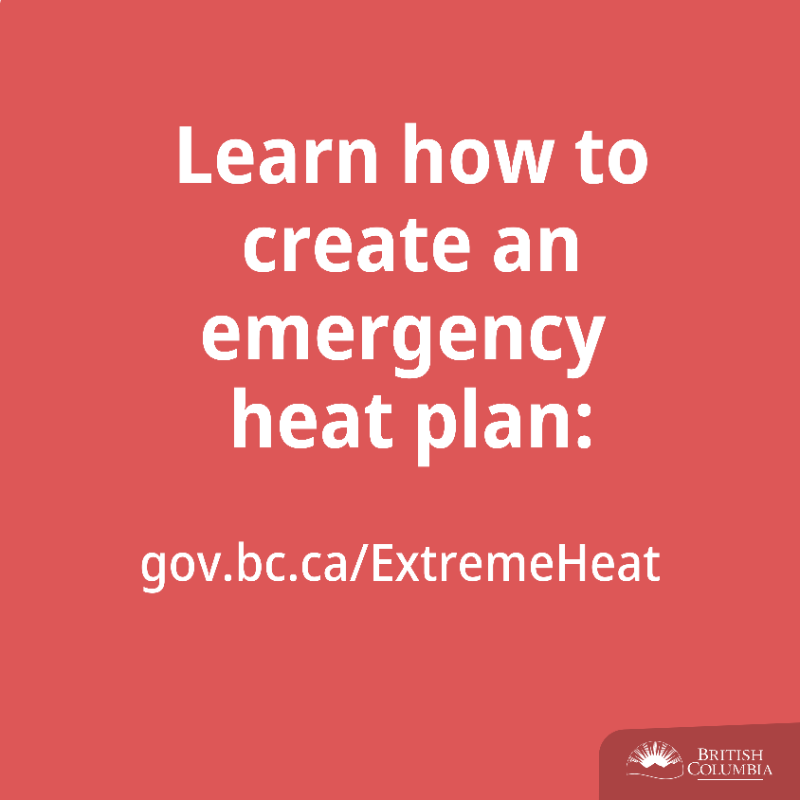 BCGovNews's tweet photo. With higher than usual temperatures expected in many parts of BC, it is important to take precautions. Learn the difference between a special weather statement for heat, a heat warning and an extreme heat emergency to keep yourself and loved ones safe. https://t.co/vuyPQkvCUa