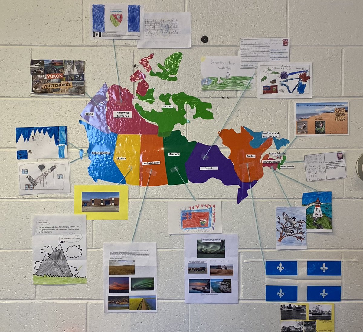 MsVDrew's tweet photo. We have all Provinces and Territories except for Nunavut. Anyone up there who can send us a postcard? @LarkhallAcademy https://t.co/GvR9q58H6U
