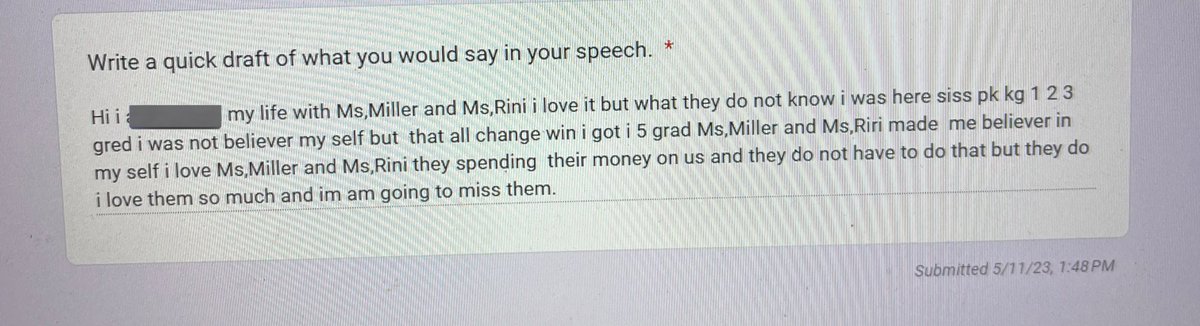 My 5th graders are writing rough drafts of end of year speeches &amp; this one had me in tears today. The progress this student has made this year is huge-this today was a reminder of why I do what I do ❤️ to get a student to believe in themselves is bigger than any test score