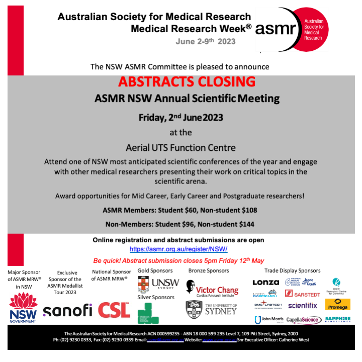 📢Attention all NSW health + medical research students &amp; ECR’s! 

Registration and abstracts are CLOSING TODAY for the NSW ASM. Be quick to not miss out! 
Apply now to be in the running for awards and prizes. asmr.org.au/register/NSW

📅 2 June 2023
🏢Aerial UTS Function Centre