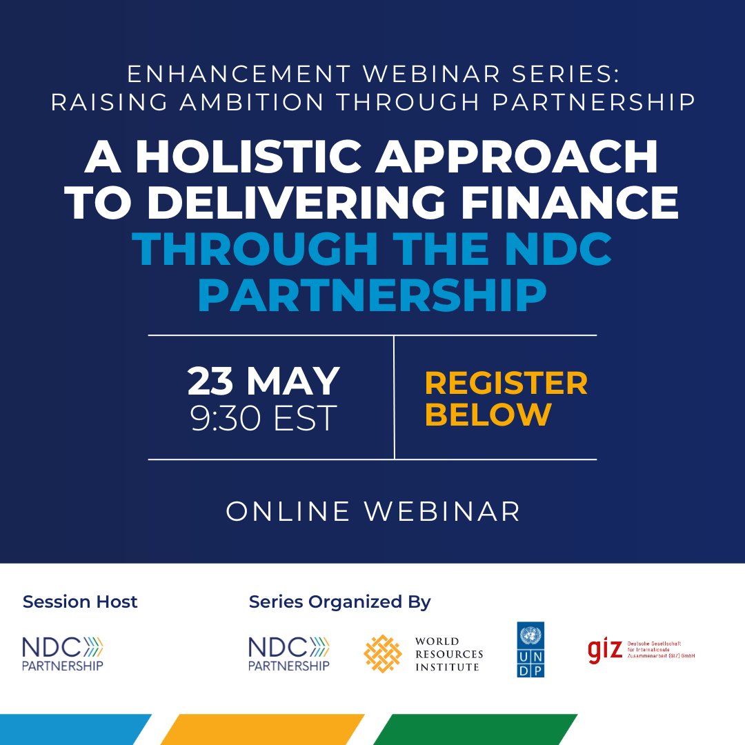 Access to climate finance is crucial for ambitious climate action as countries implement #NDCs. 
Join us to explore holistic approaches to delivering finance,  as part of a series hosted by NDC Partnership, <a href="/giz_gmbh/">GIZ</a> <a href="/UNDP/">UN Development</a> and <a href="/WorldResources/">World Resources Institute</a>. 

Register: bit.ly/42teOeM