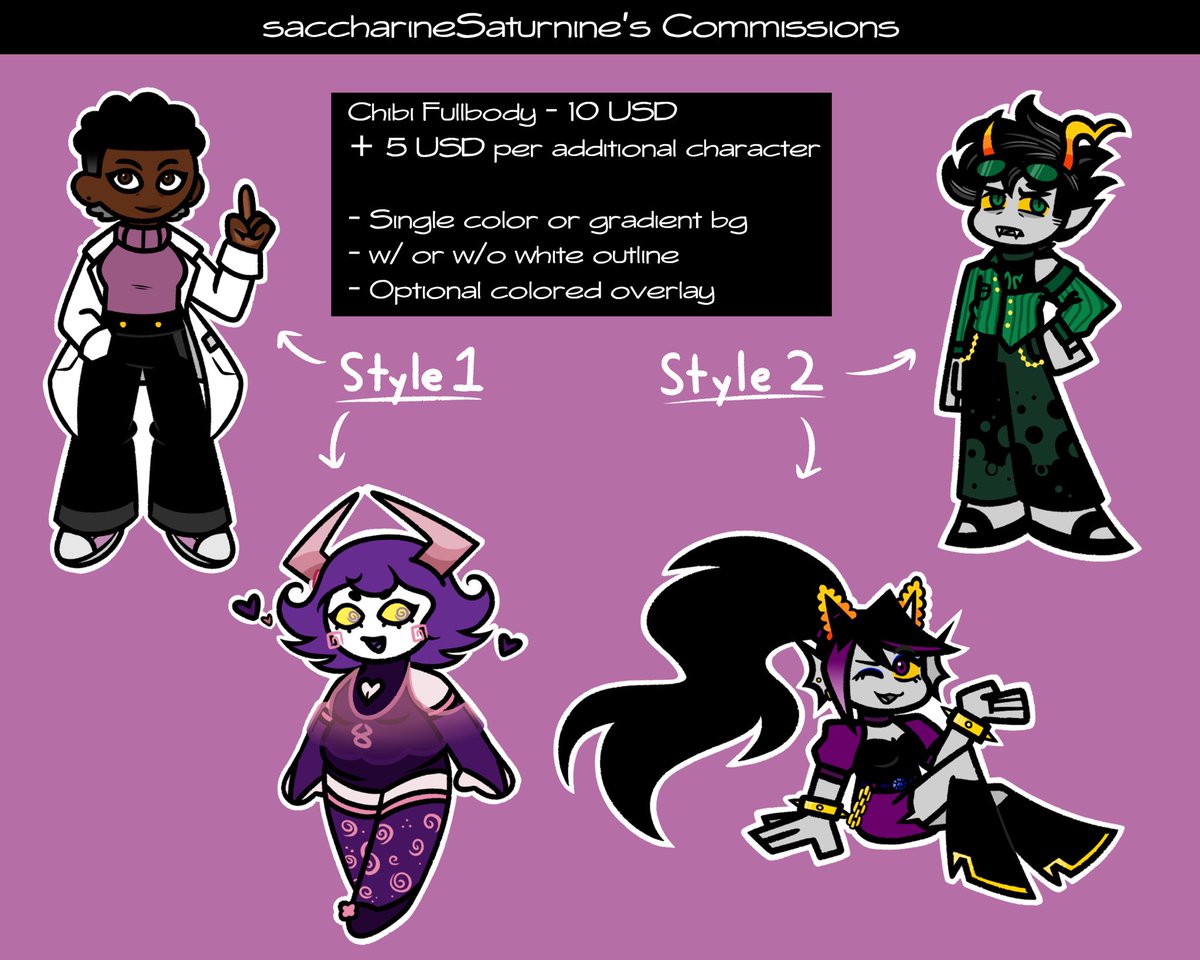 saccharine_SS's tweet photo. Updated my commission sheet to have more recent examples, and a slightly updated TOS! Halfbodies are an option now too! :] 

#homestuck #oc #commissionsopen https://t.co/znZ7tuR6KK