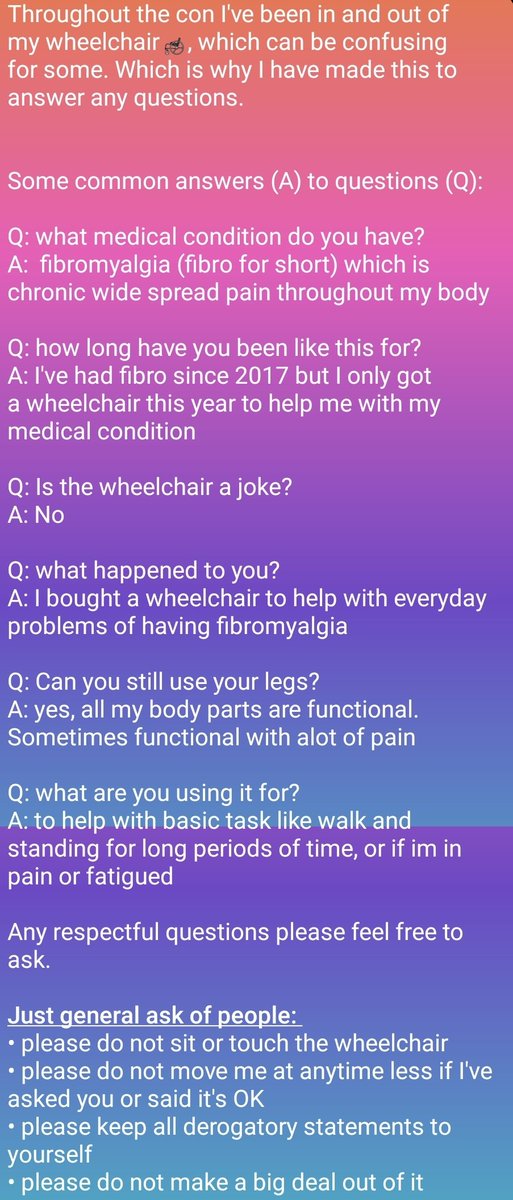 🦽🚶‍♂️Hey peeps, just some general info if you are confused or curious and have seen me around the con in a wheelchair or standing 🦽🚶‍♀️

Please click on image to see it all✨️