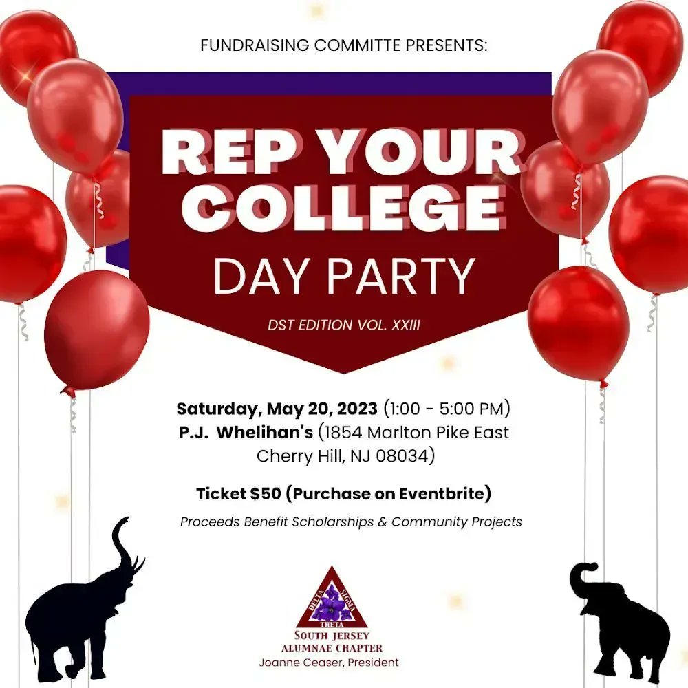 Our annual Rep Your College Day Party is BACK! We'll be at P.J. Whelihan's in Cherry Hill on Saturday, May 20th with sisterhood and hope to see you there. Tickets can be purchased -Eventbrite at buff.ly/40f4WTL/ to support our scholarships and community projects. #DST1913