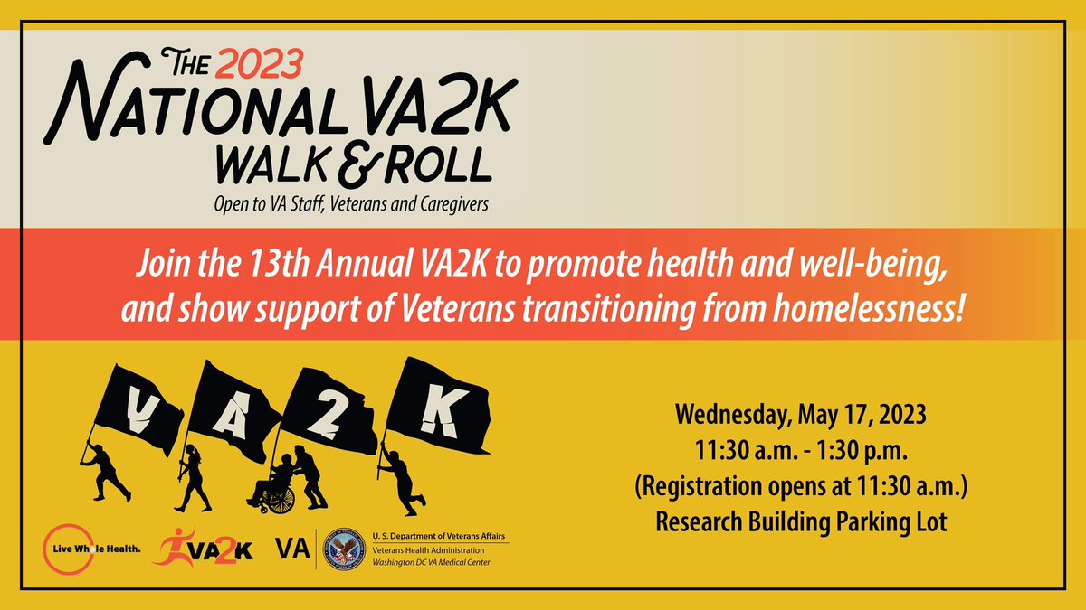 DCVAMC's tweet photo. The #VA2K is almost here! Join @DCVAMC staff, #Veterans and caregivers, May 17, from 11:30 a.m. to 1:30 p.m., for a 2 kilometer (1.24 mile) walk or roll to promote health and well-being and support Veterans transitioning from homelessness! Learn more here: https://t.co/T4AK9vsaqL https://t.co/yleZ0WN1w3