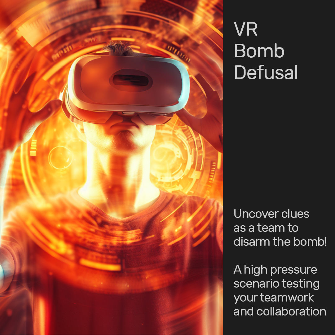 wehostglobal's tweet photo. Our VR bomb defusal game is designed to put your team under pressure! Testing their communication, problem-solving, &amp; teamwork skills under time-constrained conditions 🤯💣 

Delivered across the United Kingdom in any venue space! 

#teambuilding #VR #communication https://t.co/C8gLBa95HY