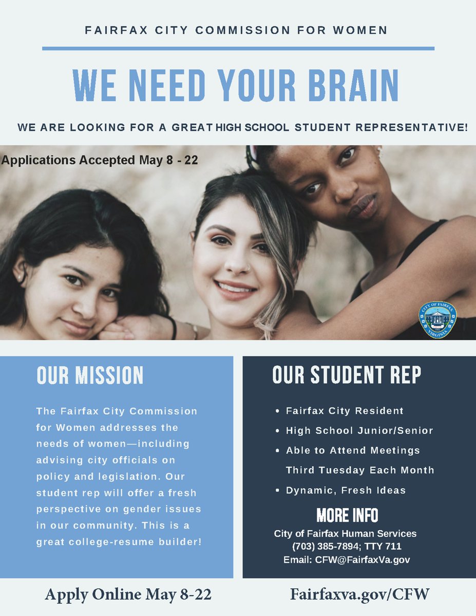 CityofFairfaxVA's tweet photo. #FairfaxCity #CommissionforWomen seeks a student representative for the 2023-24 school year.
City residents who will be HS juniors or seniors by fall 23 may apply online by 5/22. Full eligibility info, application at https://t.co/7SpLP6Eymp.
#LiveLifeConnected
@FairfaxSchools https://t.co/0Hme7Vl4GJ