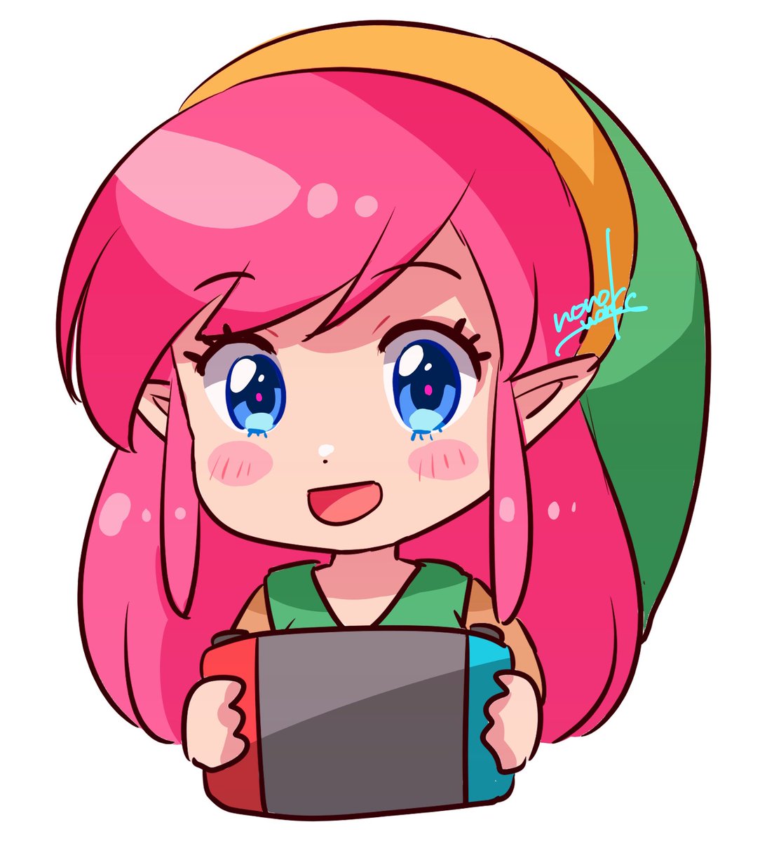 link 1girl nintendo switch blue eyes pointy ears solo pink hair smile  illustration images