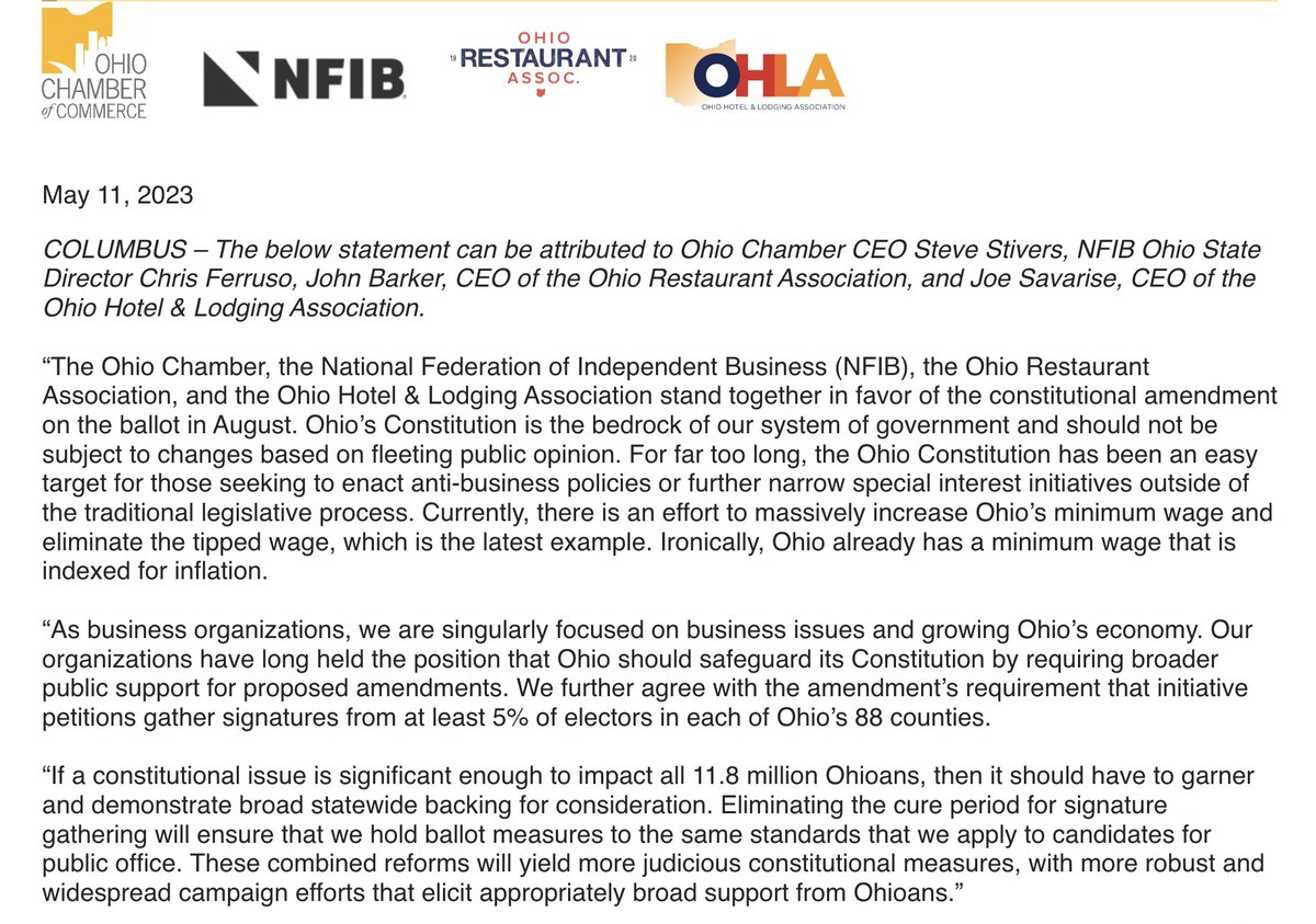 Four business organizations (Ohio Chamber of Commerce, NFIB, Ohio Restaurant Assn, and Ohio Hotel & Lodging Assn) have come out in favor of the resolution to make it harder for Ohio citizens to pass constitutional amendments.