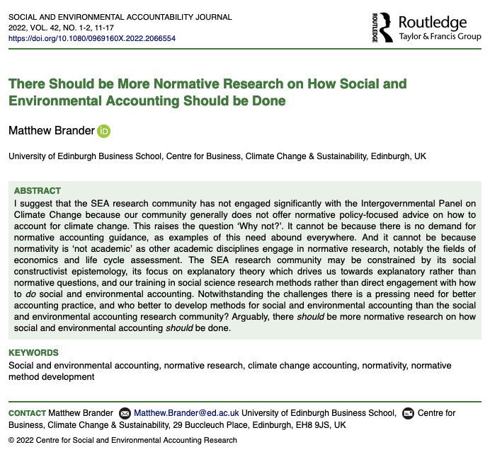 Journal_SEAJ's tweet image. Congratulations to Dr Matthew Brander (@EdinburghUni) highly commended 2022 Reg Mathews Memorial Prize! “There Should be More #Normative #Research on How #Social and #Environmental #Accounting Should be Done”👏🏼
#openaccess @csearUK
tandfonline.com/doi/full/10.10…
tandfonline.com/journals/reaj2…