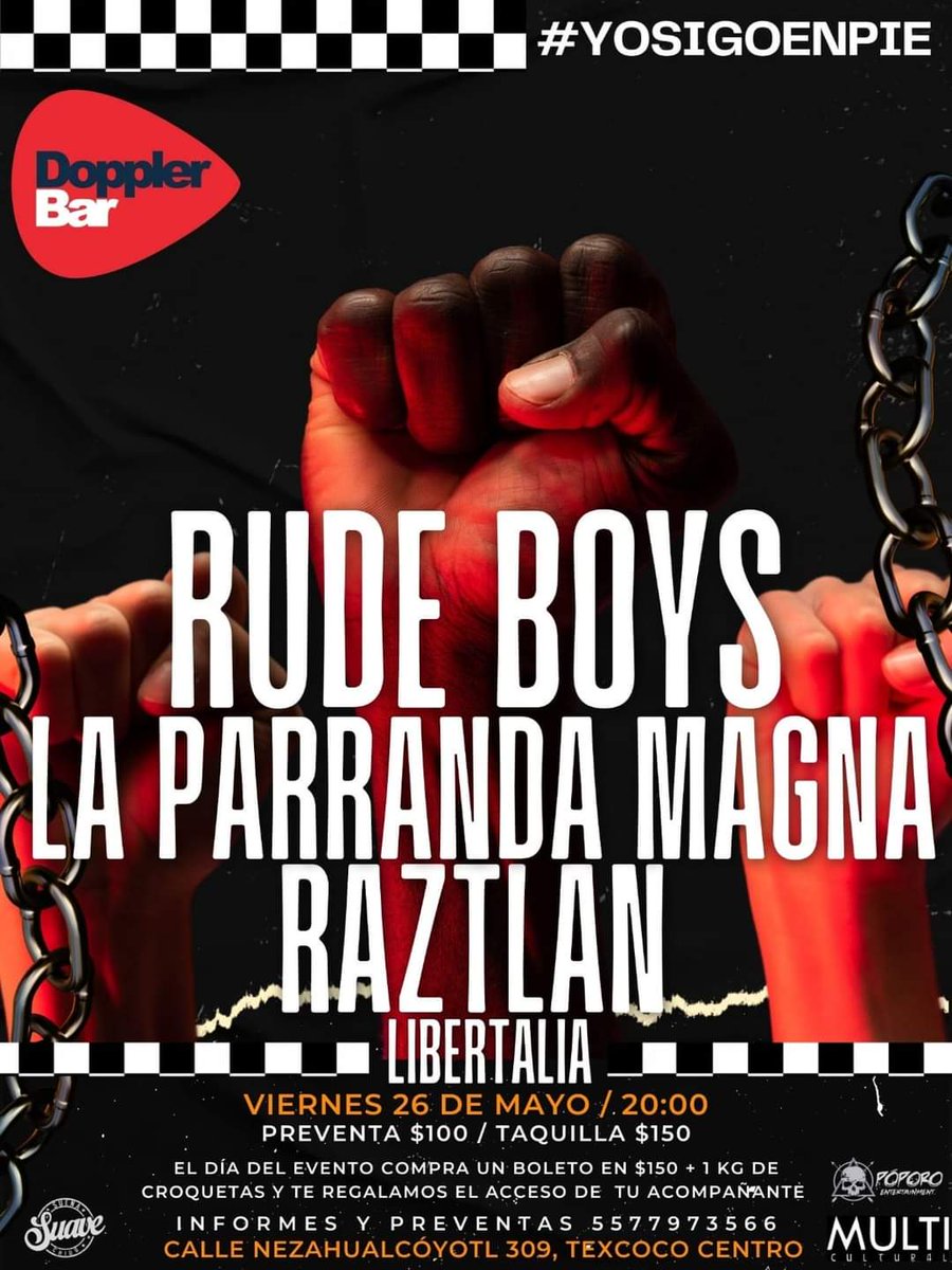 Próximo 26 de Mayo, nos vemos en Texcoco en el <a href="/DopplerBar/">Doppler Bar</a> al lado de nuestros compás <a href="/RudeBoysMexico/">Rude Boys Mexico</a> <a href="/parrandamagnaof/">parrandamagnaoficial</a> y #Libertalia