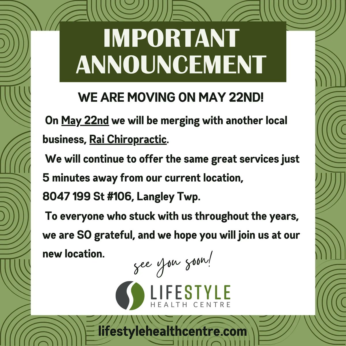 LifestyleHealth's tweet photo. LIFESTYLE HEALTH CENTRE IS MOVING!
On May 22 we will be merging with local business, Rai Chiropractic. We will continue to offer the same services just 5 minutes away. If you have any questions regarding our move, please call 604-881-1158 or email at lifestylechiro@shaw.ca https://t.co/gou0uKe9hK