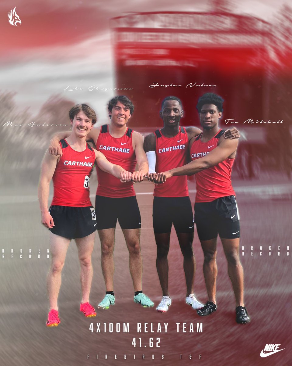 Carthage Athletics (@carthagesports) on Twitter photo Blink and you might miss 'em ⚡️⚡️⚡️⚡️
The <a href="/Carthage_MXCTF/">Carthage_MXCTF</a> 4x100-meter relay team of Tre Mitchell III, Luke Shugarman, Jaylan Nelson, and Mac Anderson broke a program record in the 4x100 tonight in Naperville, going 41.62 🔥
#FuelTheFlame | #BirdsOnTop Blink and you might miss 'em ⚡️⚡️⚡️⚡️
The <a href="/Carthage_MXCTF/">Carthage_MXCTF</a> 4x100-meter relay team of Tre Mitchell III, Luke Shugarman, Jaylan Nelson, and Mac Anderson broke a program record in the 4x100 tonight in Naperville, going 41.62 🔥
#FuelTheFlame | #BirdsOnTop