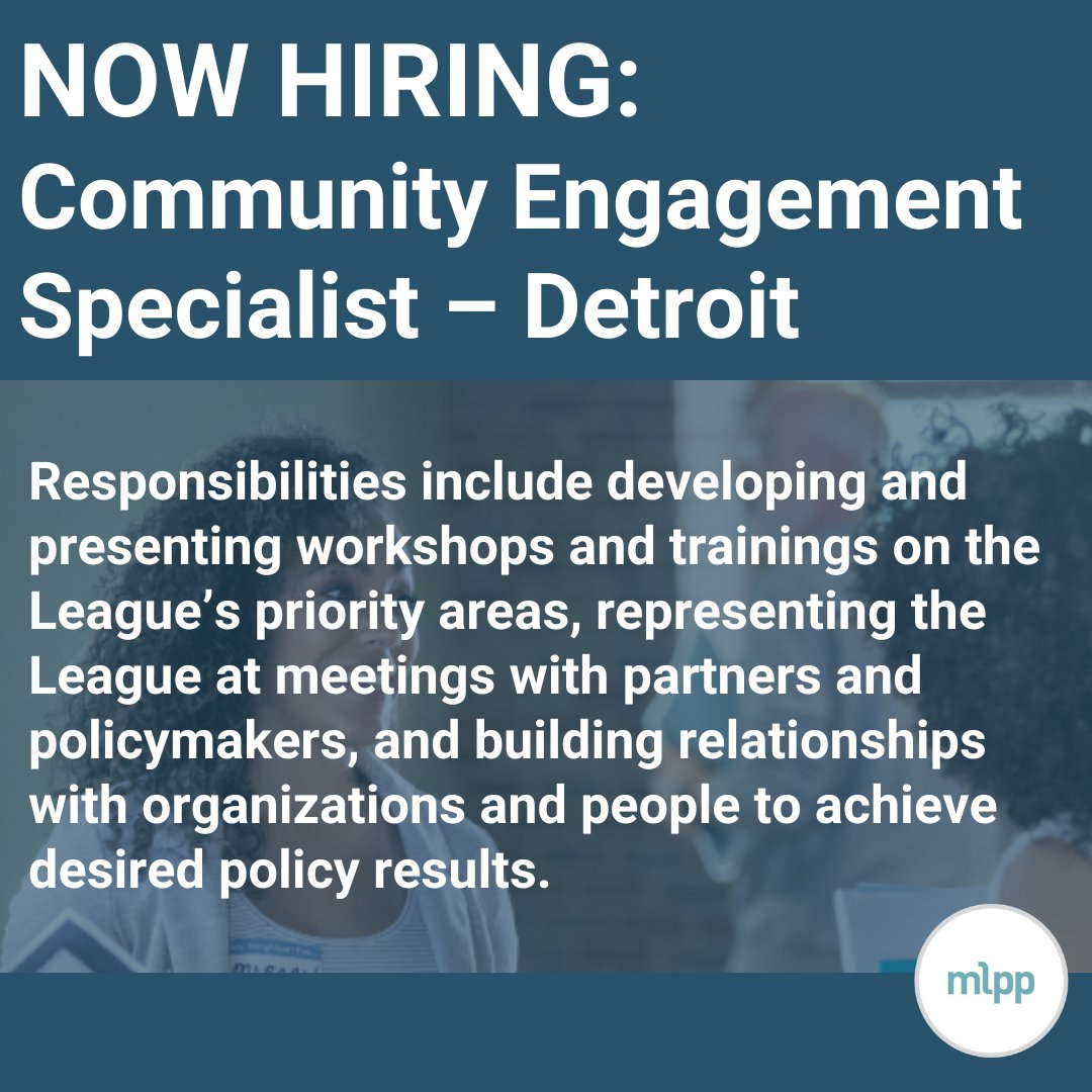 We're looking for a Community Engagement Specialist with strong public speaking, relationship building and organizing skills and the ability to communicate sometimes complex information effectively to diverse audiences, working primarily in metro-Detroit: bit.ly/3NQH0Ug