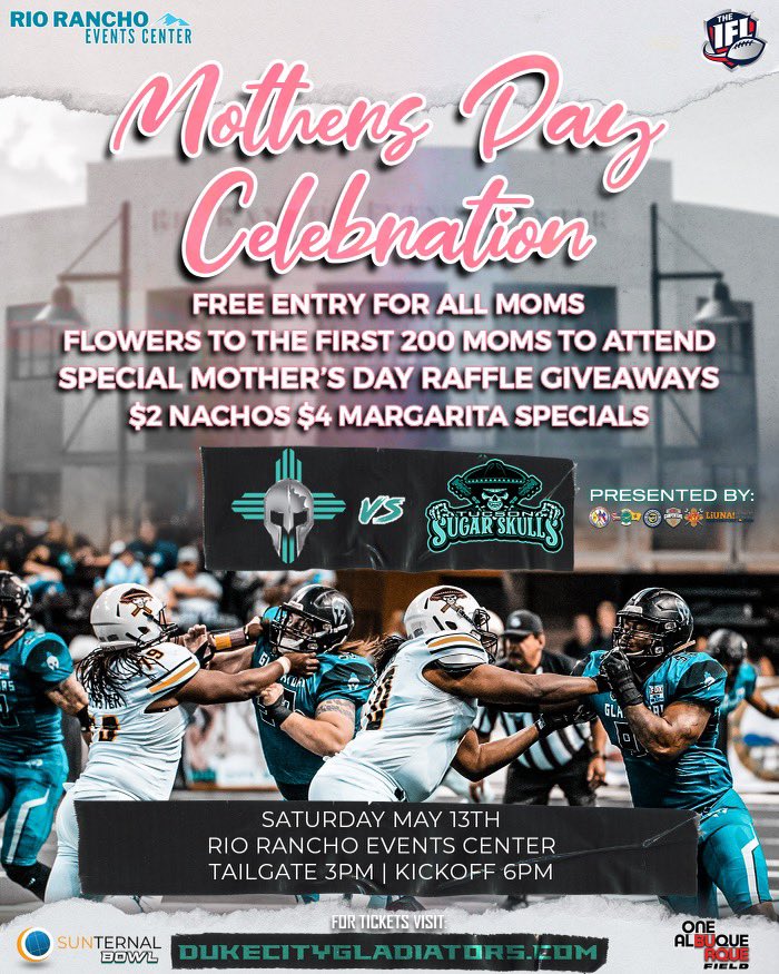 Mother’s Day Celebration this Saturday at the Rio Rancho Events Center! Join us to celebrate the special women in your life with the Duke City Gladiators! 🔥🔥 . . . . #CommunityChampions #DCGladiators #505 #nmtrue #albuquerque #nm #ifl #newmexico #arenafootball #indoorfootball