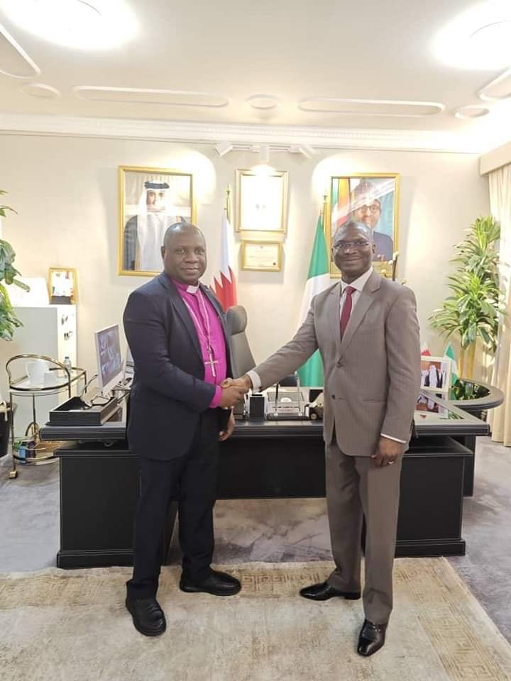 DohaEmbassy's tweet photo. Archbishop Daniel  Okoh, President,
Christian Association of Nigeria was accompanied by Prof. Salisu Shehu, Deputy Secretary, Supreme Council of Islamic Affairs of Nigeria; and Chikaogu Ossai-Ugba, Ph.D, Pastor of Covenant Baptist Church. https://t.co/tqGaJiQgrN