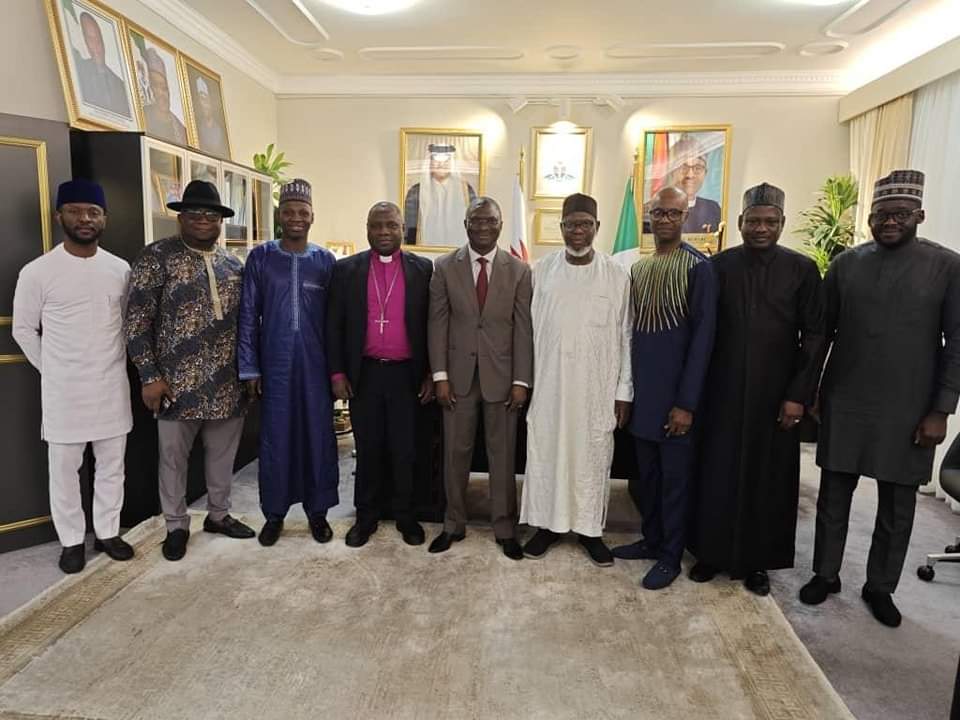 DohaEmbassy's tweet photo. Archbishop Daniel  Okoh, President,
Christian Association of Nigeria was accompanied by Prof. Salisu Shehu, Deputy Secretary, Supreme Council of Islamic Affairs of Nigeria; and Chikaogu Ossai-Ugba, Ph.D, Pastor of Covenant Baptist Church. https://t.co/tqGaJiQgrN
