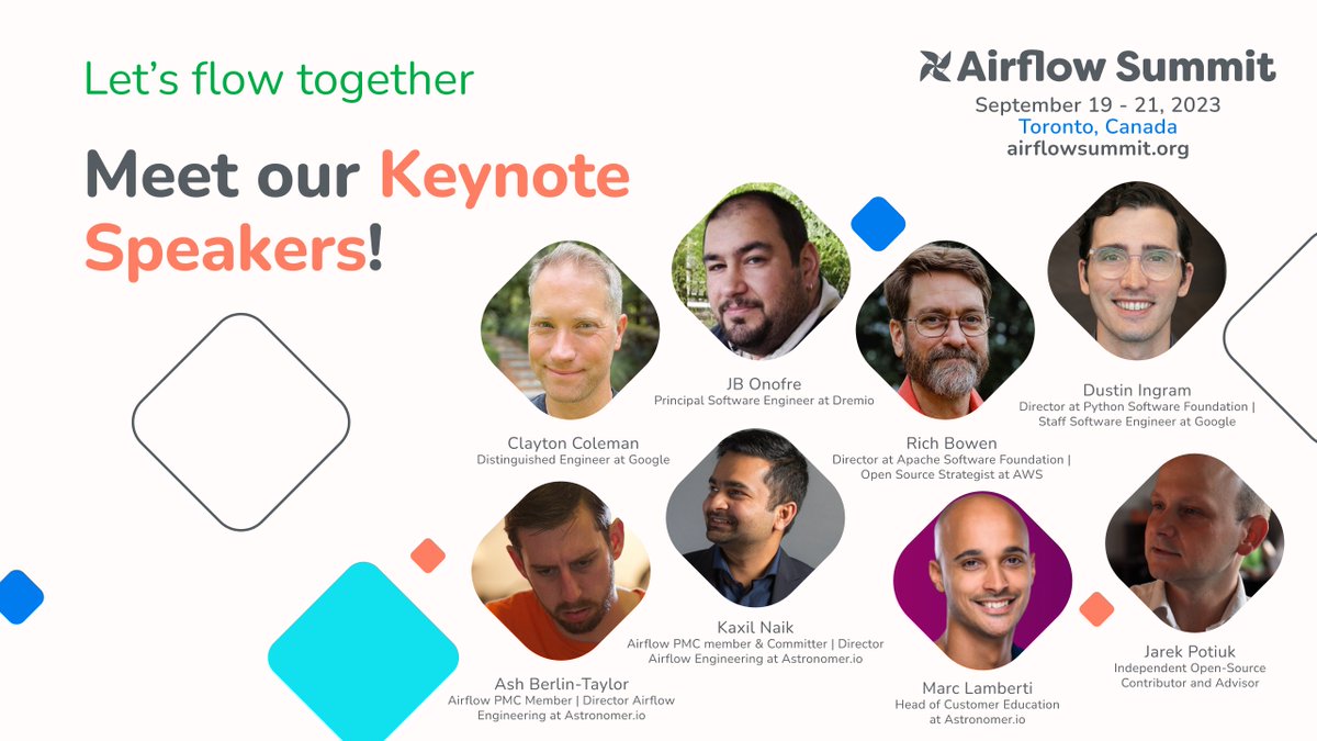 Let's flow together! ⛵️ 

👀 Meet our Keynote speakers for #Airflowsummit this year!
airflowsummit.org/sessions/2023/

#DataOrchestration #BatchProcessing #DataProcessing #DataPipelines #Data #DataSience #OpenSource