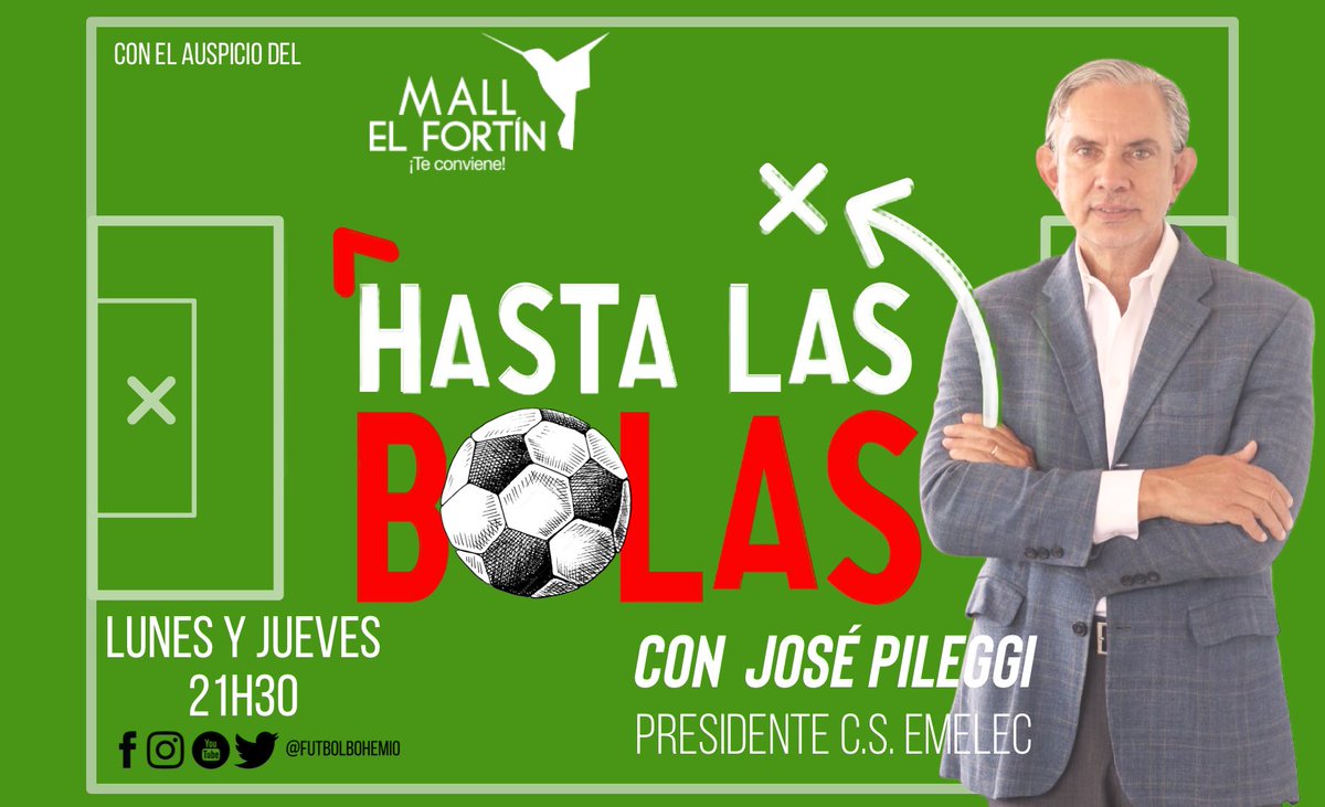 Teradeportes's tweet photo. Esta noche, 21h30, una conversación al estilo de #HastaLasBolas junto al Presidente de #Emelec , José Pileggi.
No te la pierdas por nuestros canales de YouTube (#FutbolBohemio) o de Facebook (#Teradeportes y #FutbolBohemio)
Buscaremos saber más sobre las finanzas del equipo, Marcos Caicedo, formativas, la actuación del equipo y los jugadores.