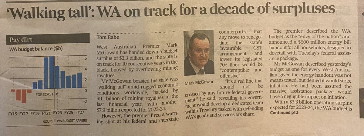 ToddZani's tweet photo. This should read WA walking tall now it gets it’s fair share of GST. Also @MarkMcGowanMP should be fair and give credit to the former governments including his for fighting for it. #wagst #markmcgowan  His ten year of surpluses now need to direct funds into the critical things! https://t.co/6ZxORM23zD