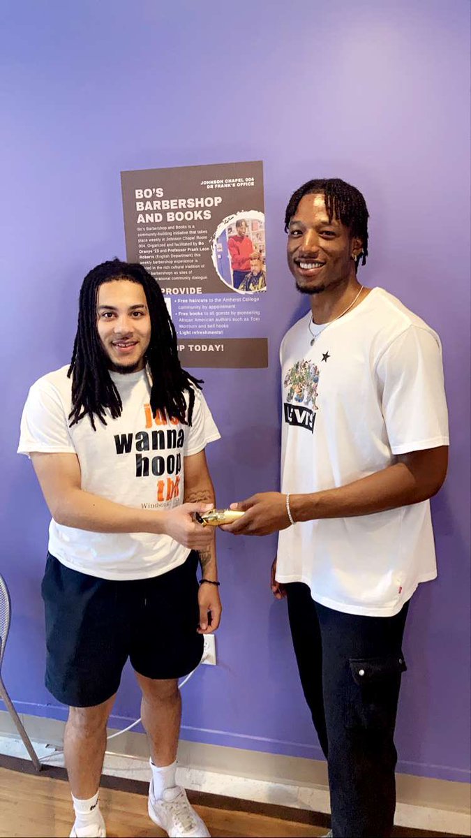 DrFrankRoberts's tweet photo. Its Official! When our amazing co-founder Bo Oranye graduates in a few weeks, he’ll pass the torch to his brilliant classmate CJ Mitchell. “Bo’s Barbershop &amp; Books” becomes “CJ’s Barbershop &amp; Books” in Fall 2023!  Cheers to these extraordinary scholar-athletes! @AmherstCollege https://t.co/CyFbr2NDgG