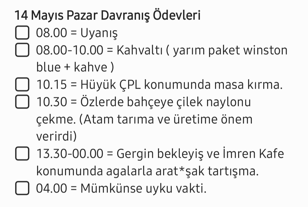 Psikoloğum ( kendim ) malum gün için aktivitelerimi düzenlemiş. Mecbur uyacaz ruh sağlığı önemli.
#ilkturdabitirelim