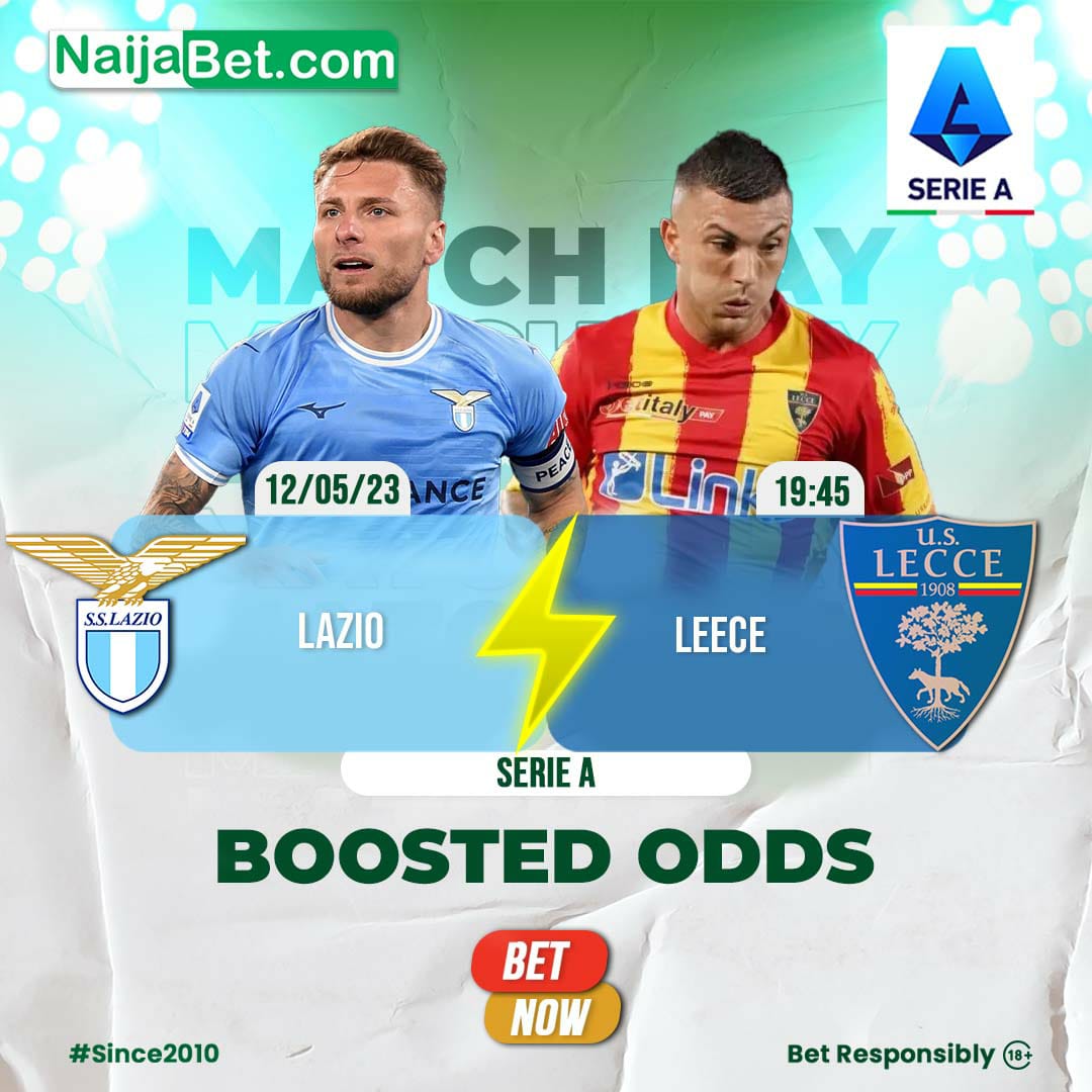NaijaBet's tweet photo. 🇮🇹 Lazio vs Lecce
⏰ 19:45
#SerieA

Lazio will be looking to reclaim second place in the Serie A table when relegation-threatened Lecce visits the Stadio Olimpico today evening.

📶 Home Win ✔️ 1.75 ODDS

Latest ODDS 👉 https://t.co/kz0UZ1fn72

#NaijaBet #LazioLecce #HighestOdds https://t.co/xNxmQFnbjb