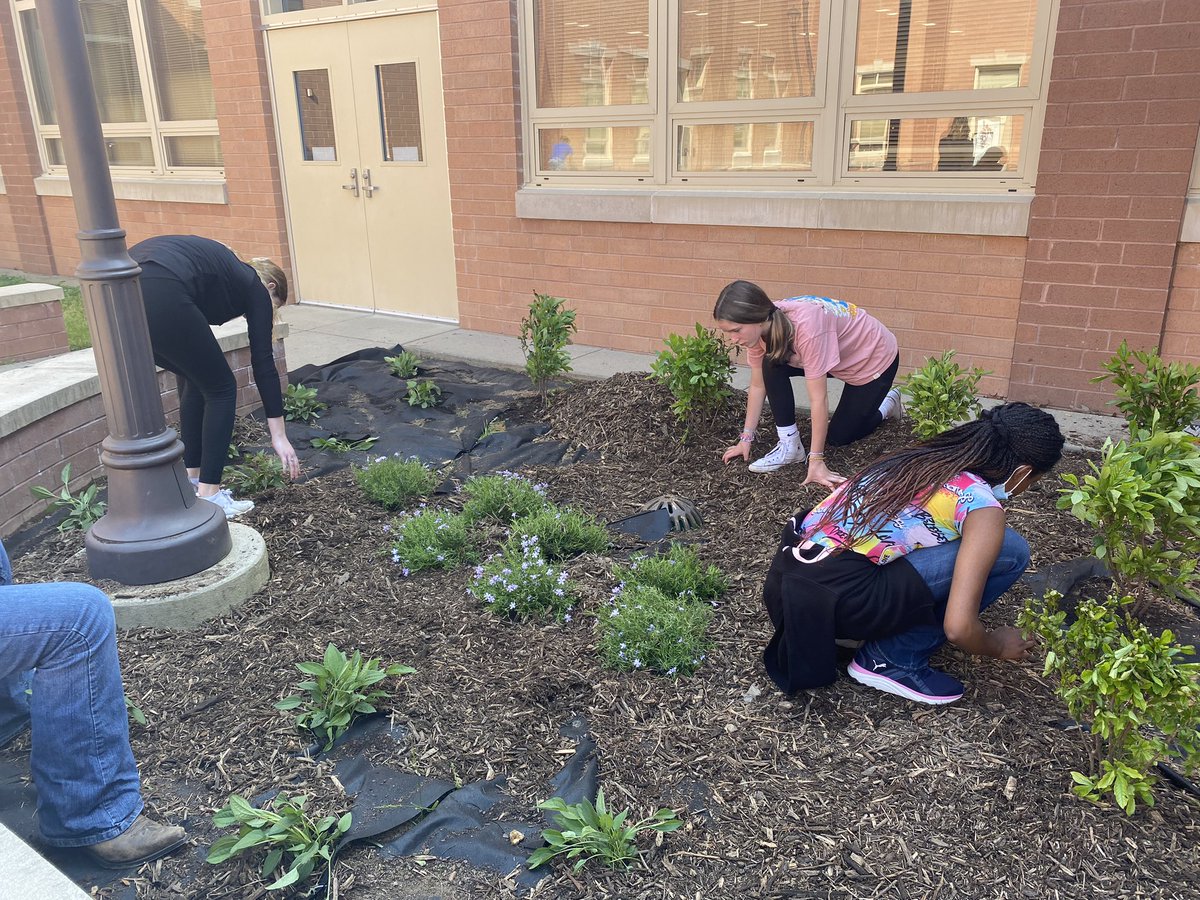 CMS Green Team learned &amp; worked hard today as we transformed our courtyard by planting 2 rain gardens with Native Plants and a Red Maple for shade! Soon the gardens will be blooming for students/staff to enjoy while eating lunch outside! THANK YOU Calvert Environ. Trust forYouth!