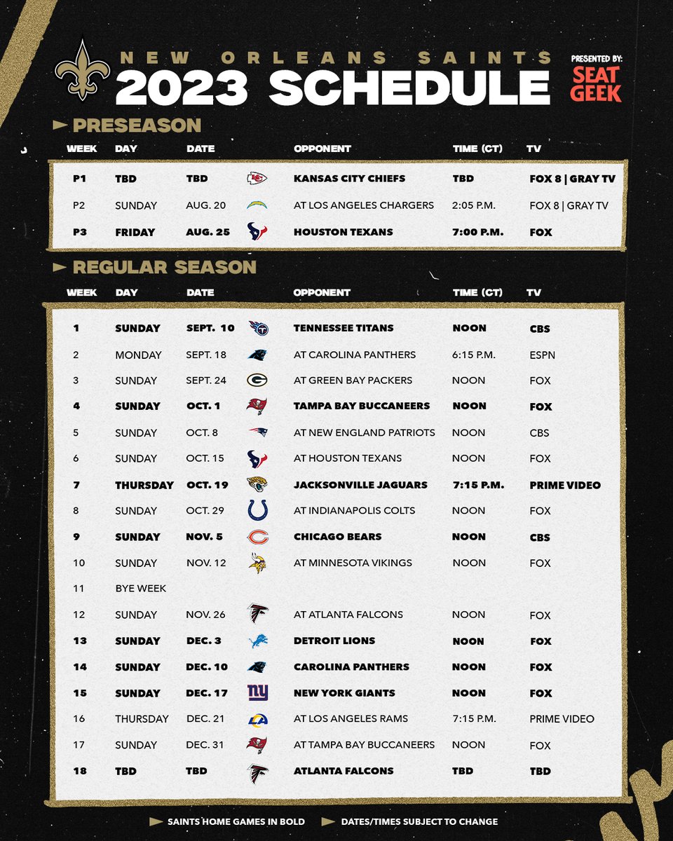 Saints's tweet image. The 2023 New Orleans Saints schedule! ⚜️

#Saints | @SeatGeek